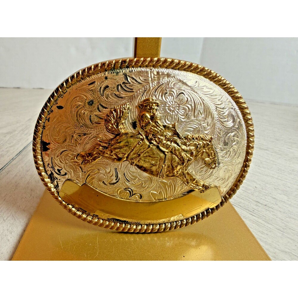 Vintage Western Belt Buckle Bronco Rider Gold Tone Oval Floral Rope Edge W USA